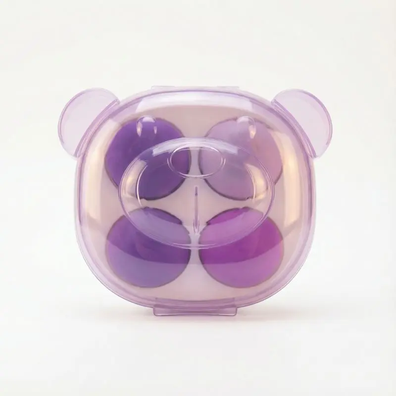 4-piece round purple makeup sponge set in cute bear-shaped PP case