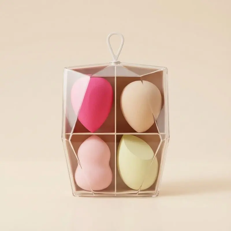 4-piece colorful makeup sponge set in premium clear acrylic case