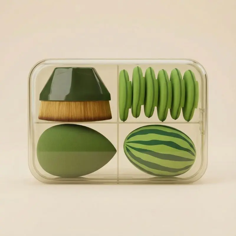 9-piece mixed shape fun makeup sponge set in 4-grid PP case, including watermelon strawberry fruit themed colorful beauty blenders, latex-free for creative makeup