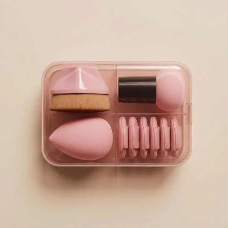 9-piece precision mini makeup sponge and puff set in pink compact PP storage case