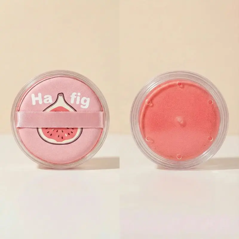 Adorable transparent round makeup powder puff storage case with vents, includes red watermelon themed puff, breathable plastic holder for puff and beauty blender